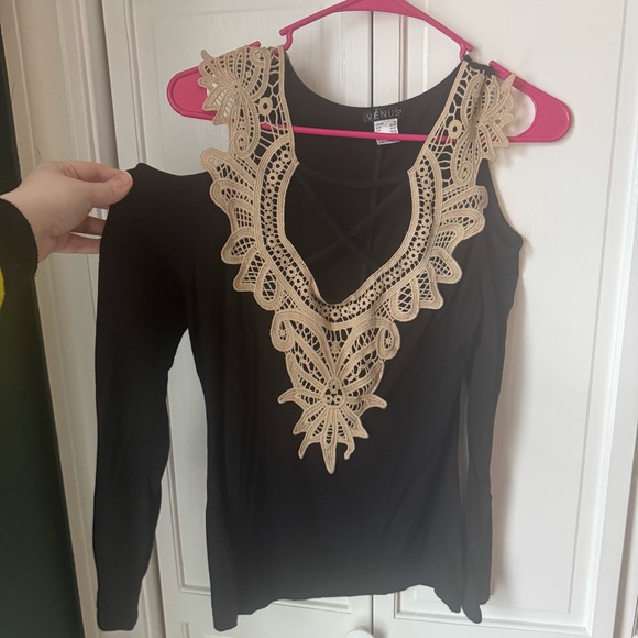 VENUS Tops - VENUS Black Blouse with Cream Lace Accent